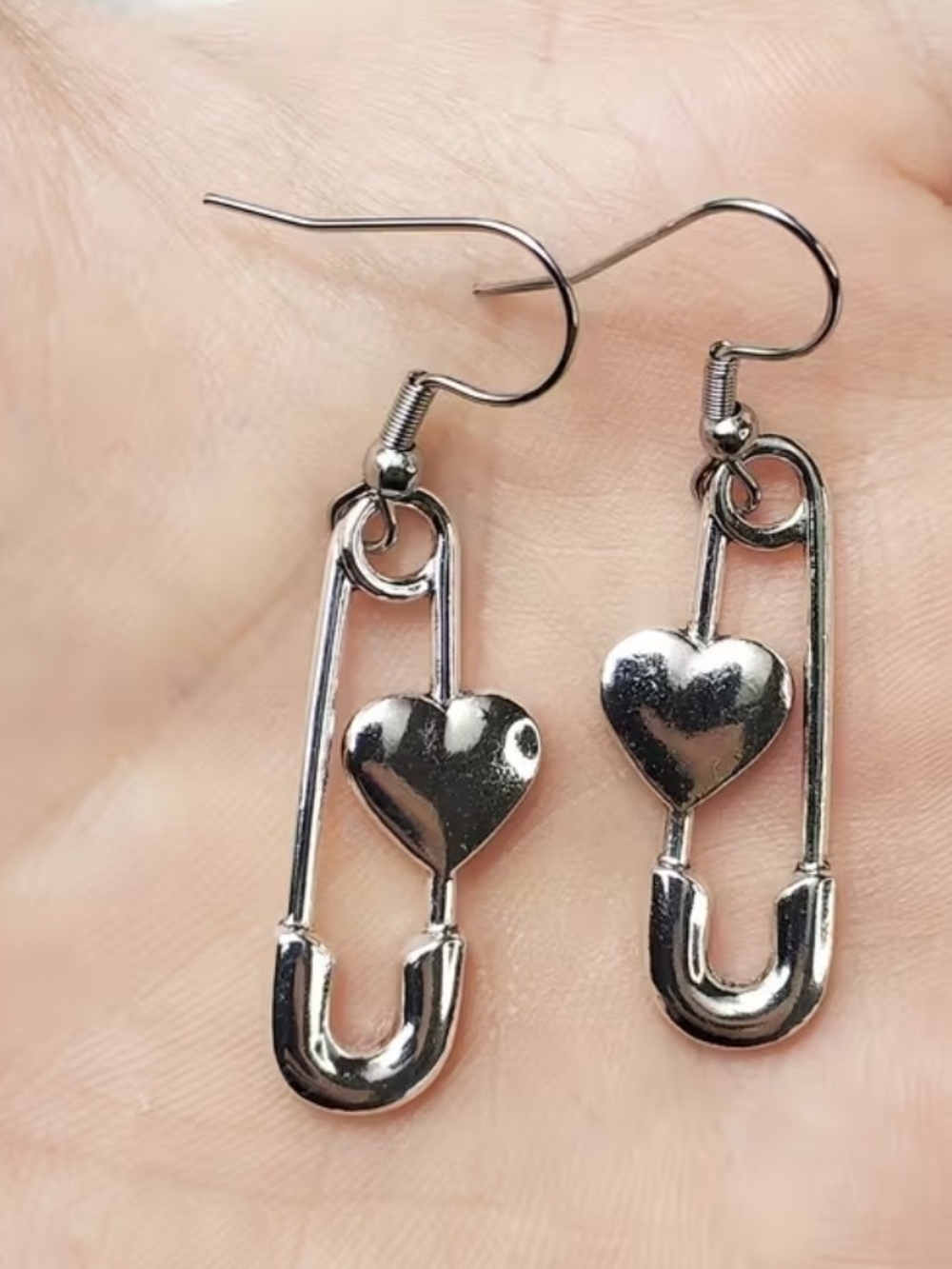 Heart Safety Pin Dangle Earrings